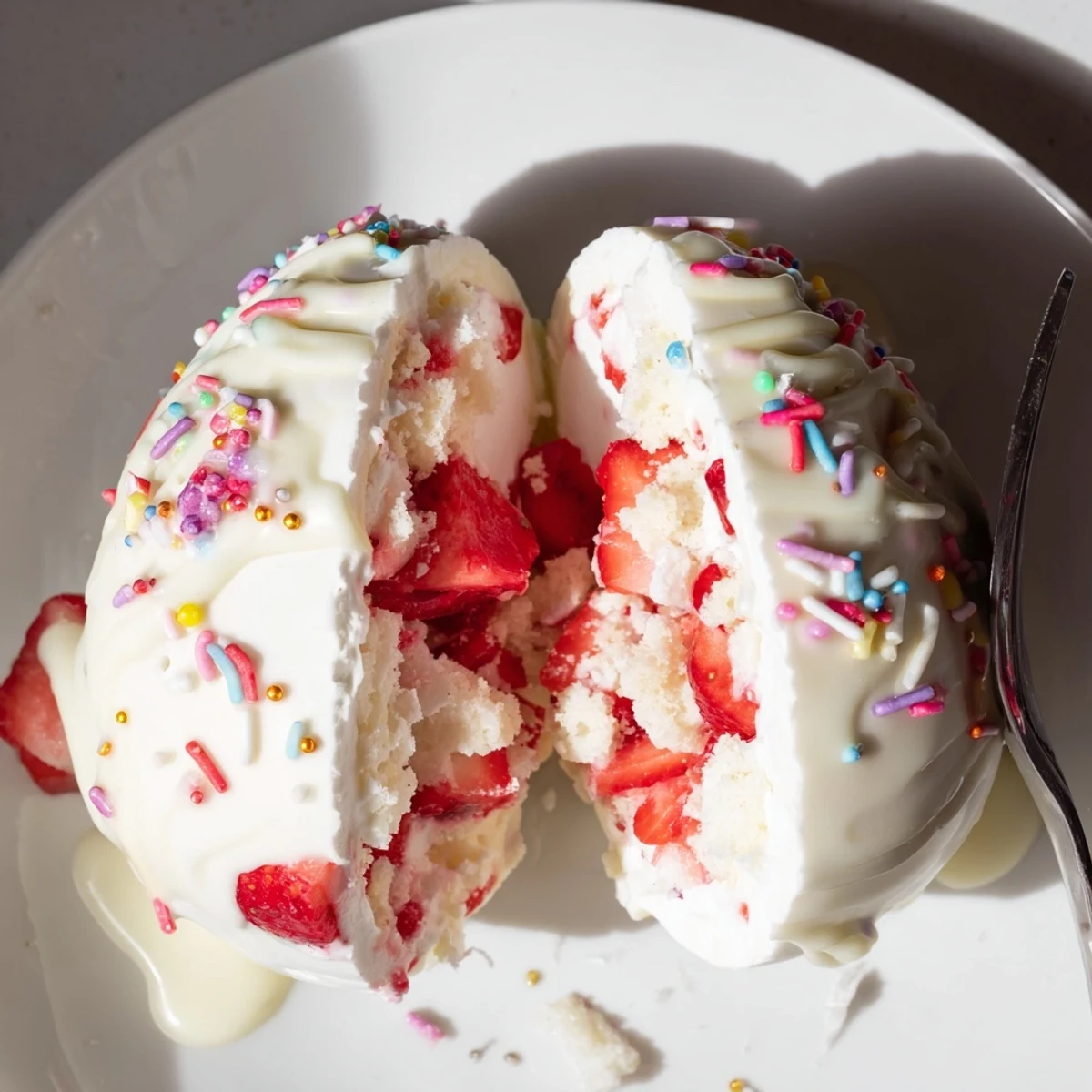 Strawberry Shortcake Easter Egg Bombs with fluffy cream and macerated strawberries