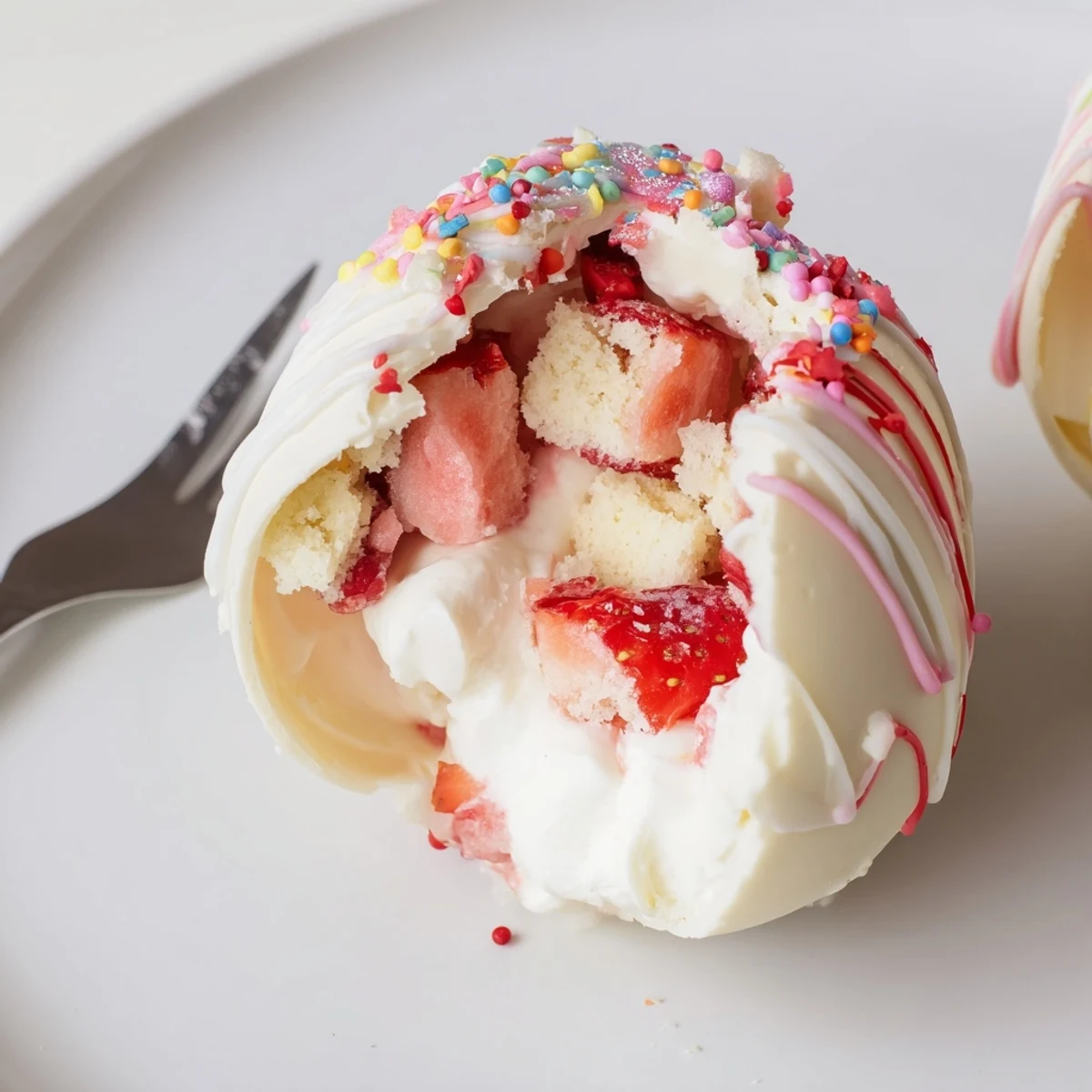 Chocolate-shelled Strawberry Shortcake Easter Egg Bombs drizzled, crunchy shortcake bits inside