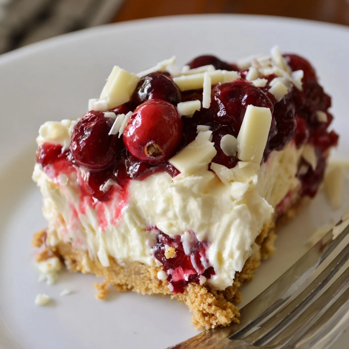 No Bake Cranberry White Chocolate Cheesecake crowned with glossy compote, chilled and sliced