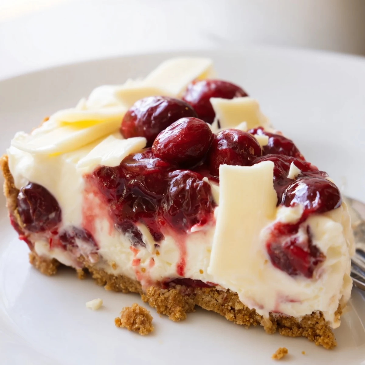 Slice of No Bake Cranberry White Chocolate Cheesecake showing creamy filling and tangy berries