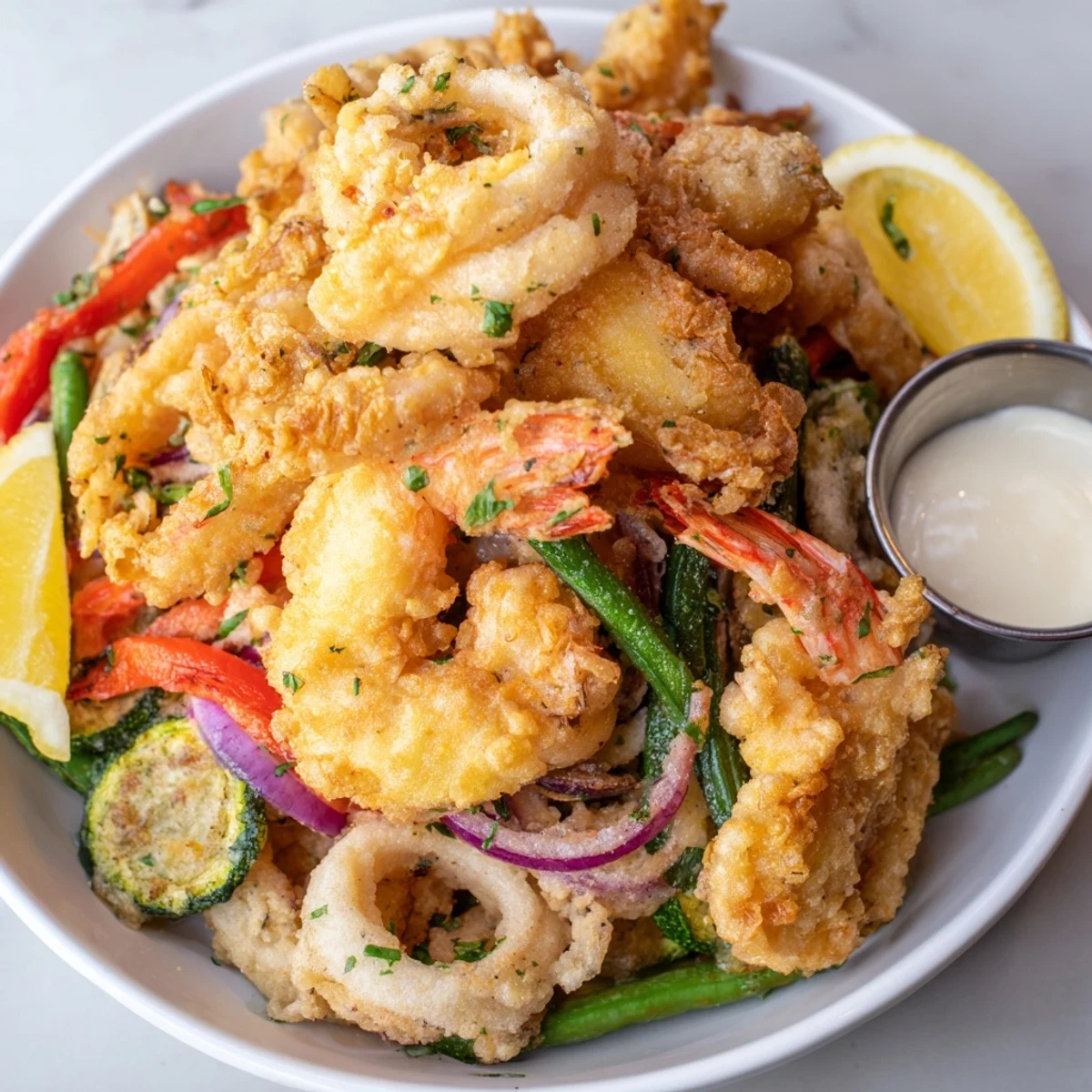 Golden Crispy Shrimp Fritto Misto piled on platter with lemon wedges