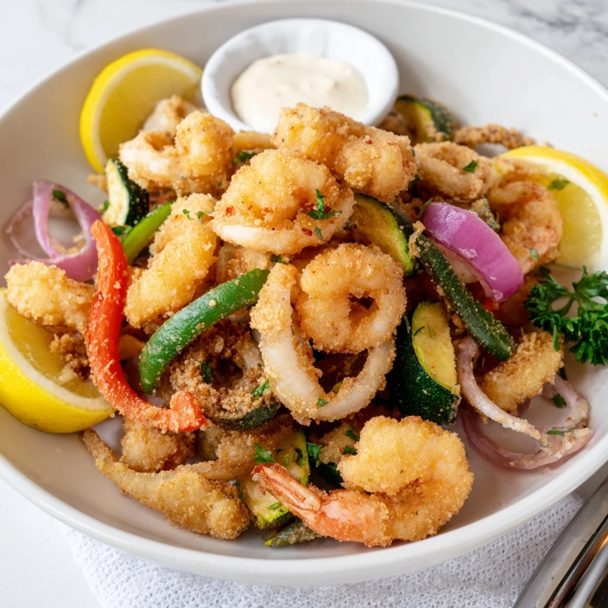 Crispy Shrimp Fritto Misto crisp batter hugging zucchini and green beans