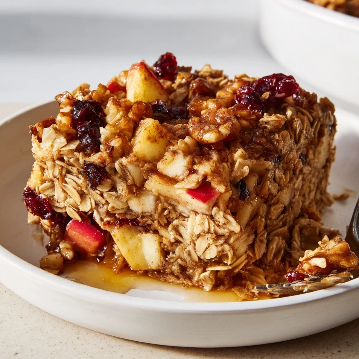 Warm slices of Delicious Apple Cinnamon Oatmeal Bake Recipe For Mornings, topped with yogurt