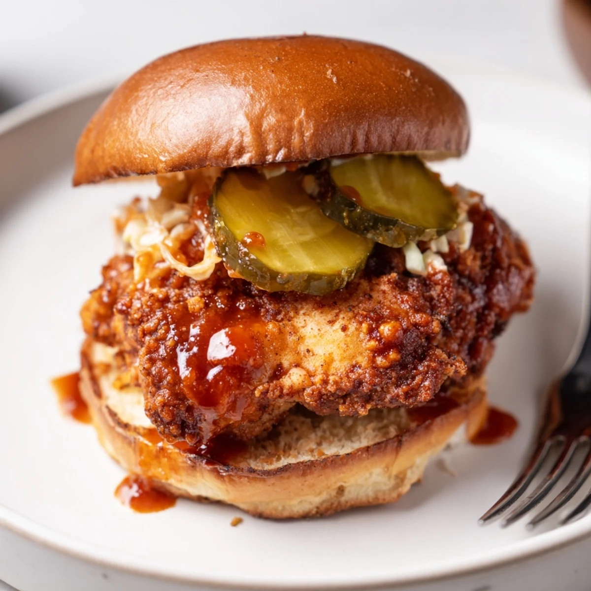 Crispy Spicy Nashville Hot Chicken Sandwiches brushed in hot oil, topped with creamy slaw  