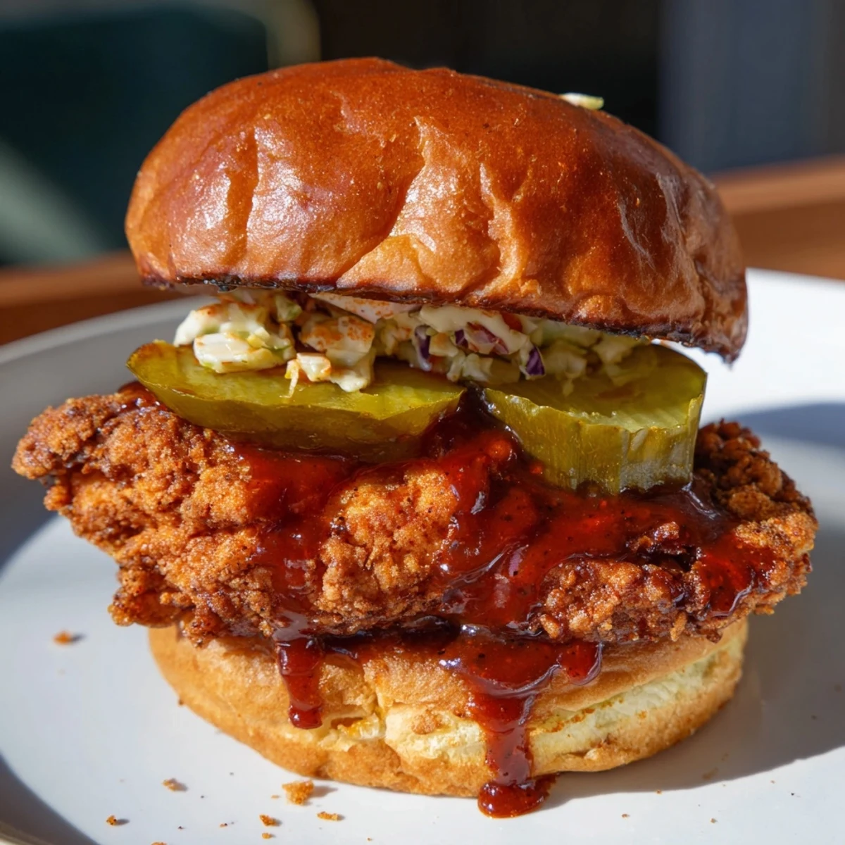 Spicy Nashville Hot Chicken Sandwiches piled on toasted brioche with tangy pickles  