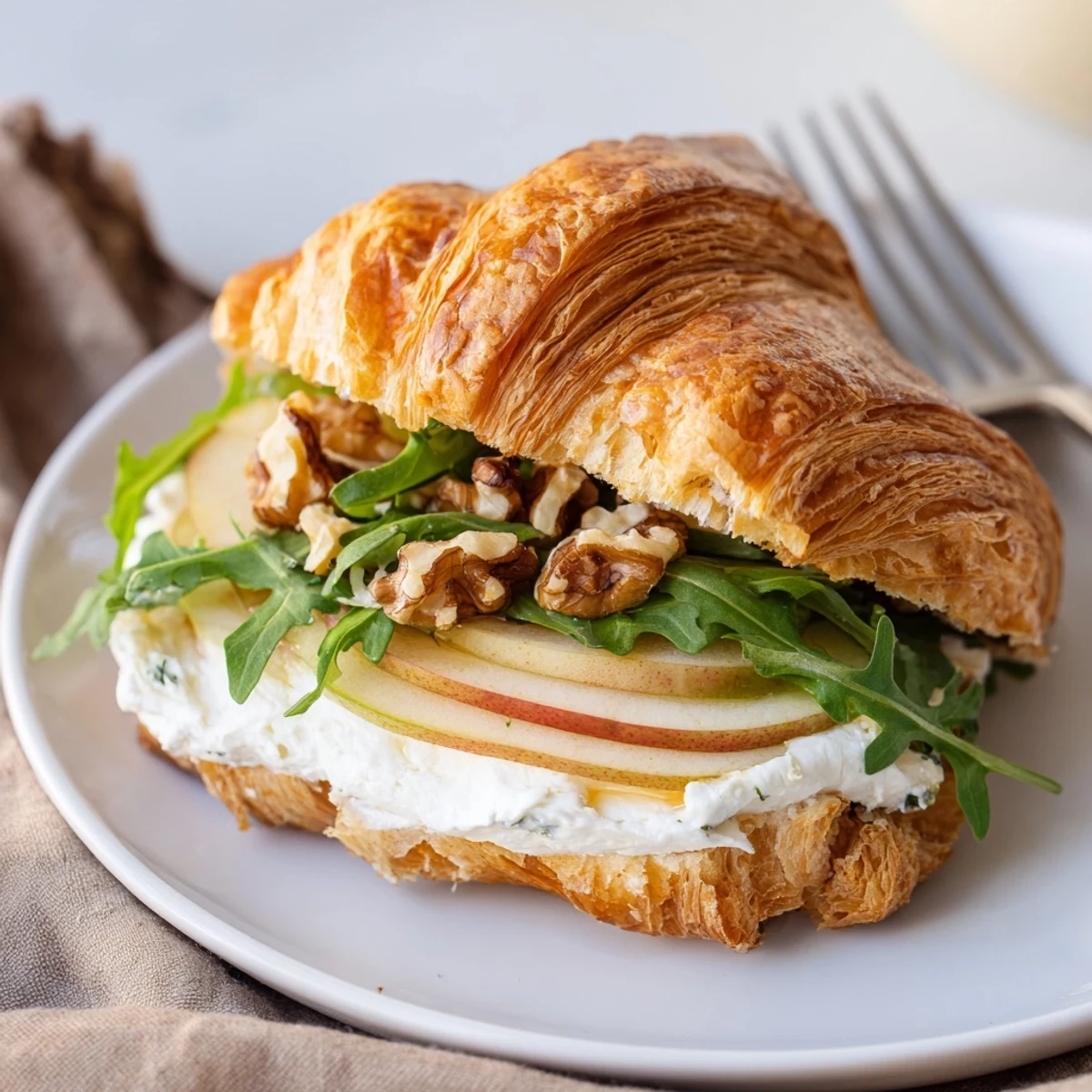 Buttery croissant with peppery arugula and thin apples in Apple Goat Cheese Croissant Sandwich