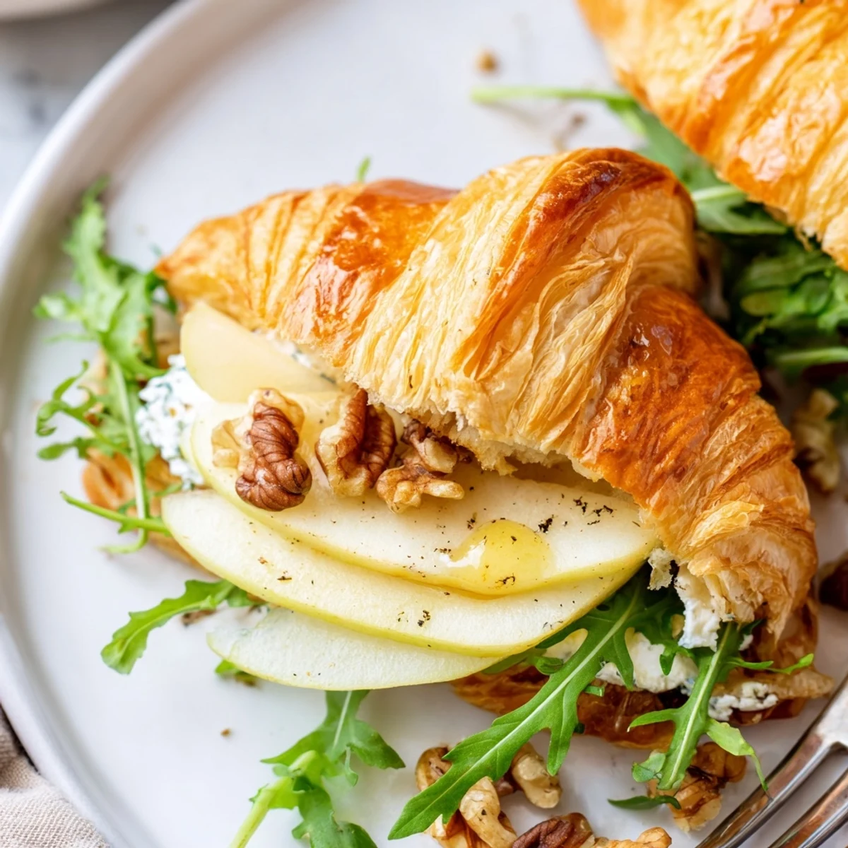 Apple Goat Cheese Croissant Sandwich layered on buttery croissant with crisp apple slices