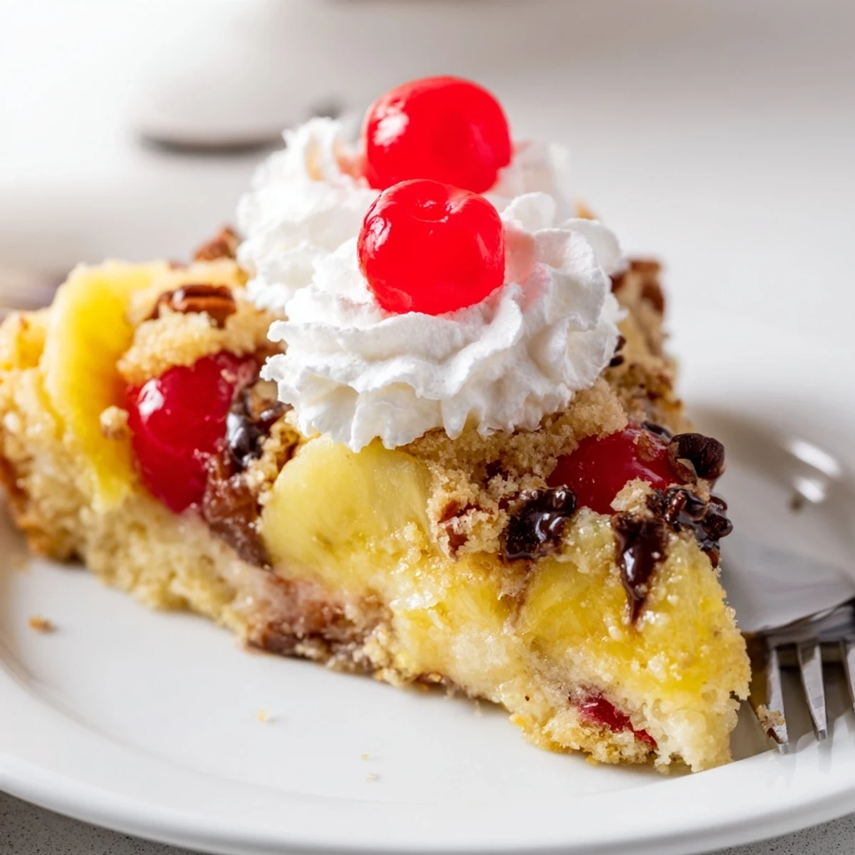 Warm Banana Split Dump Cake with bubbling edges, chocolate chips, whipped cream