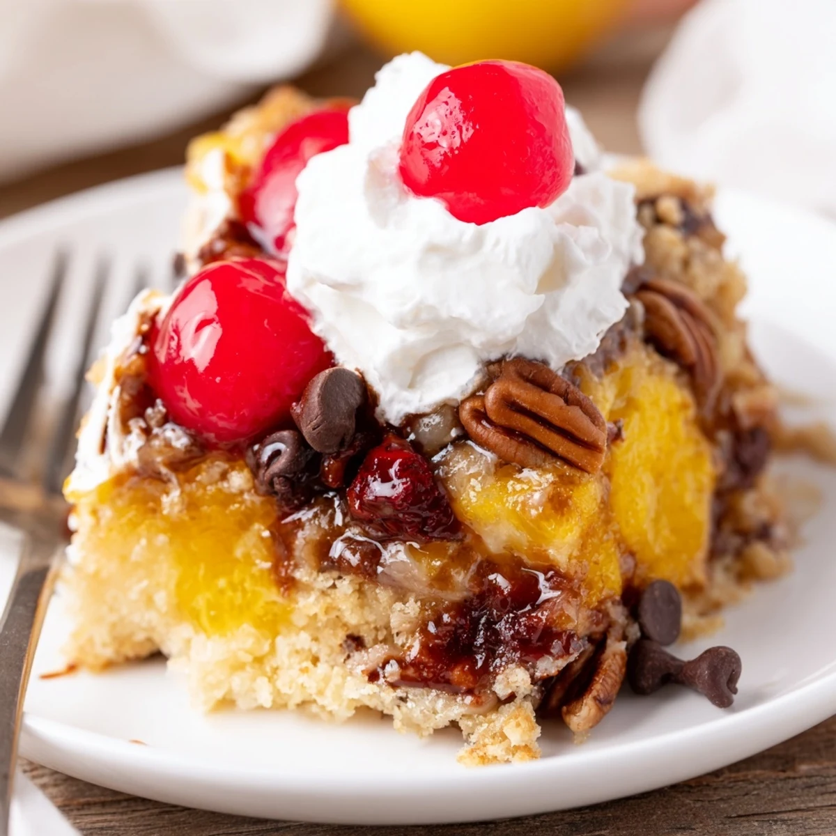 Hearty Banana Split Dump Cake, sliced bananas, oozing pineapple, cherry-topped scoop of vanilla