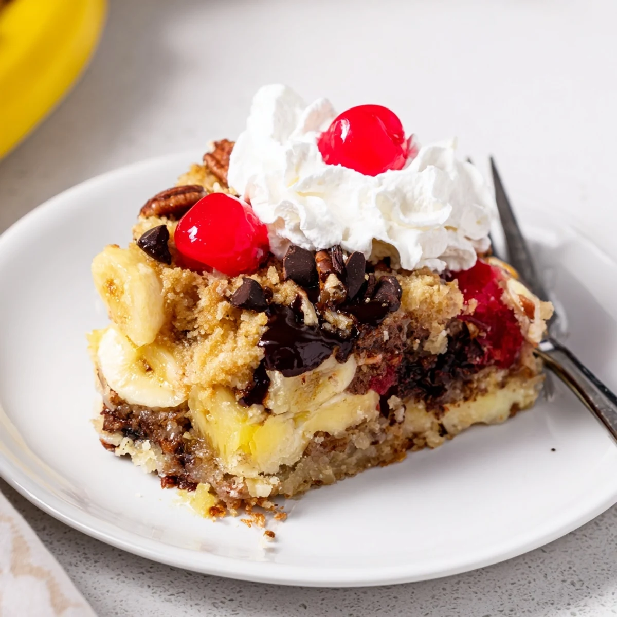 Freshly baked Banana Split Dump Cake cooling in baking dish, golden, overflowing cherries