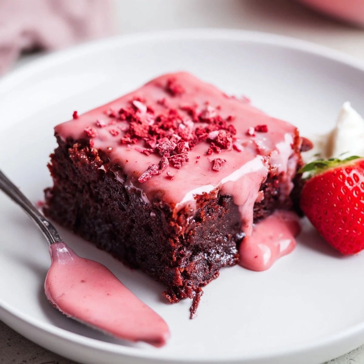 Warm Strawberry Brownies Recipe square resting on a plate, glossy strawberry glaze