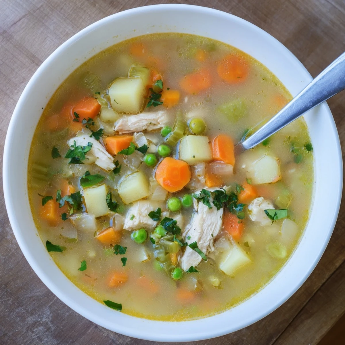 Golden bowl of comforting chicken soup with potatoes, carrots, and celery garnished with fresh parsley