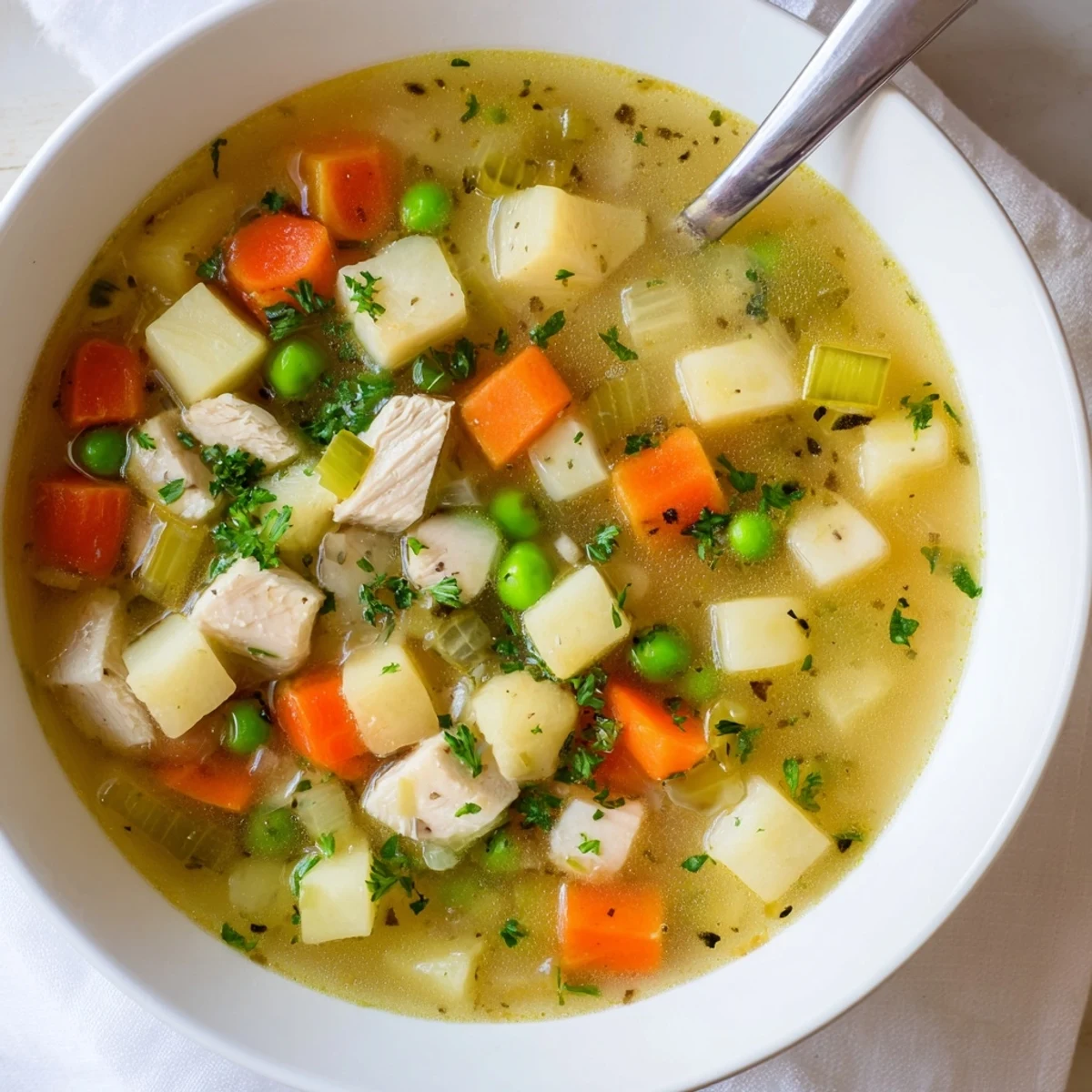 Hearty comforting chicken soup with potatoes featuring tender meat and vegetables in a steaming broth bowl
