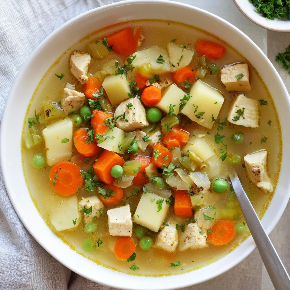 Creamy comforting chicken soup with potatoes served with crusty bread, chunky vegetables, and diced chicken