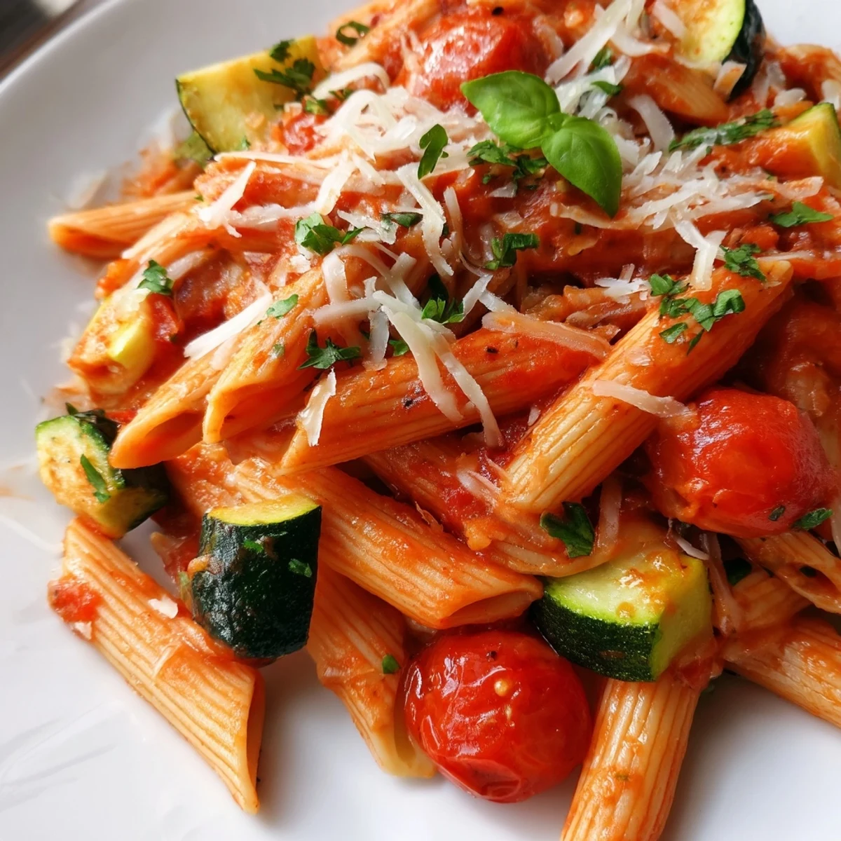 Golden tomato zucchini pasta tossed in a skillet with fresh basil and parmesan cheese