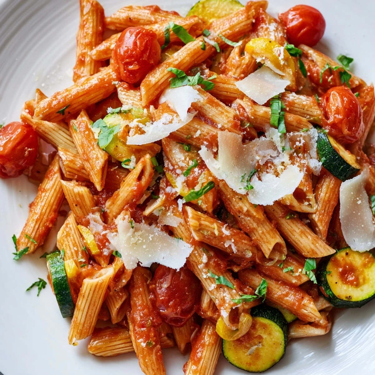 Bowl of savory tomato zucchini pasta featuring tender vegetables and al dente noodles