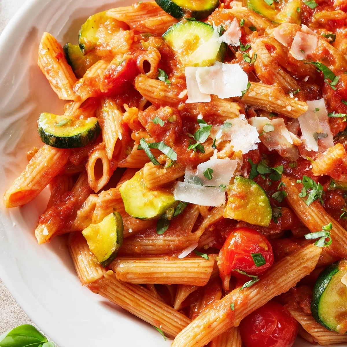 Vibrant tomato zucchini pasta dish topped with grated parmesan and green basil garnish