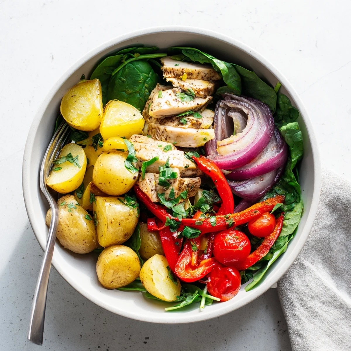 Healthy skinny chicken and roasted potato bowl arranged with fresh spinach cherry tomatoes and vibrant grilled vegetables