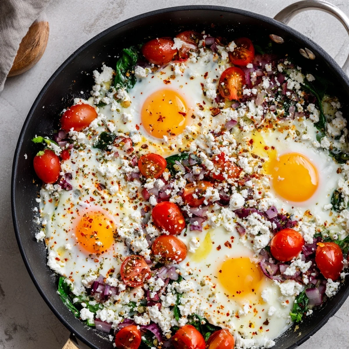 Golden baked feta eggs with juicy tomatoes and tender spinach in a rustic white baking dish