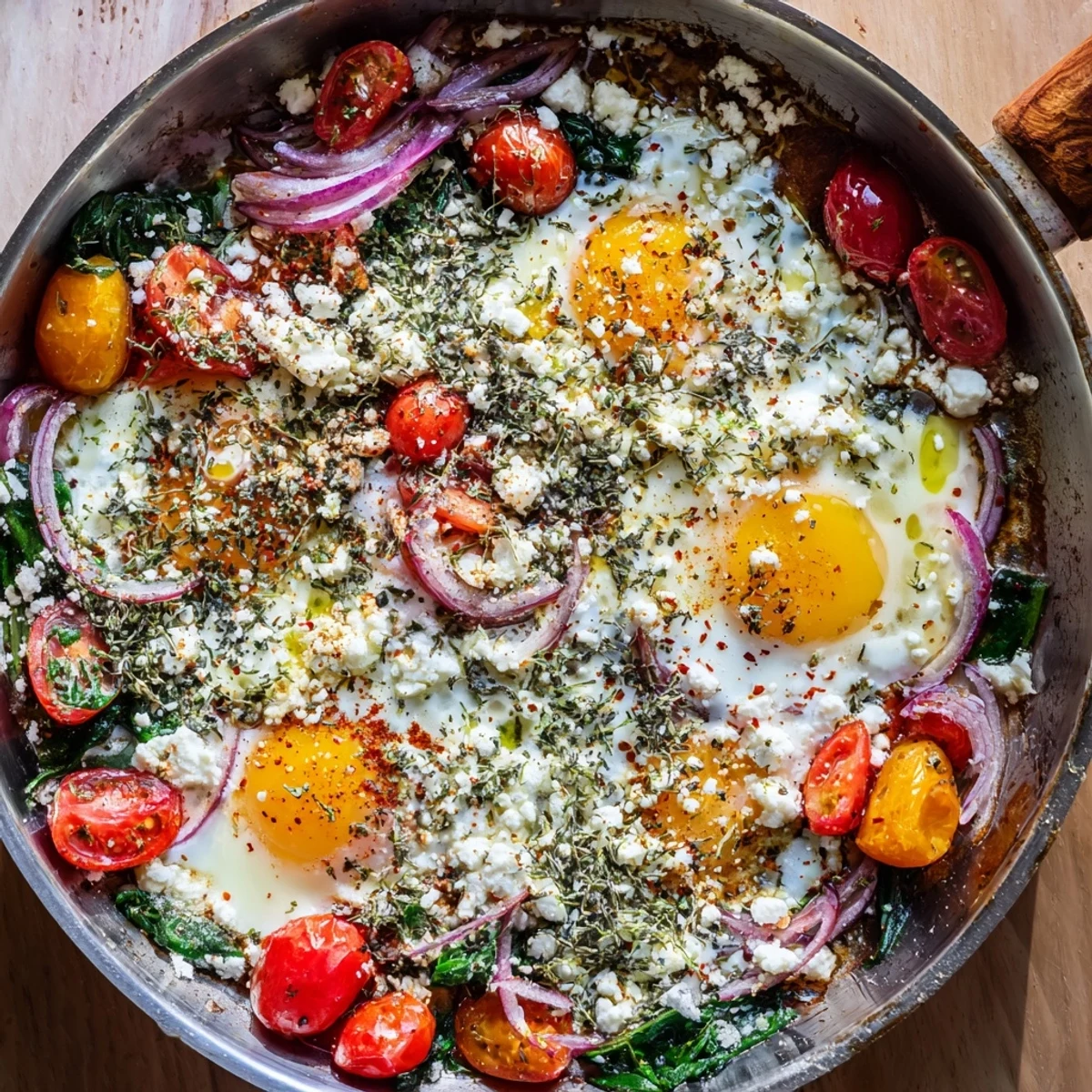Oven-baked skillet of baked feta eggs with colorful vegetables, perfectly cooked eggs, and melted feta cheese