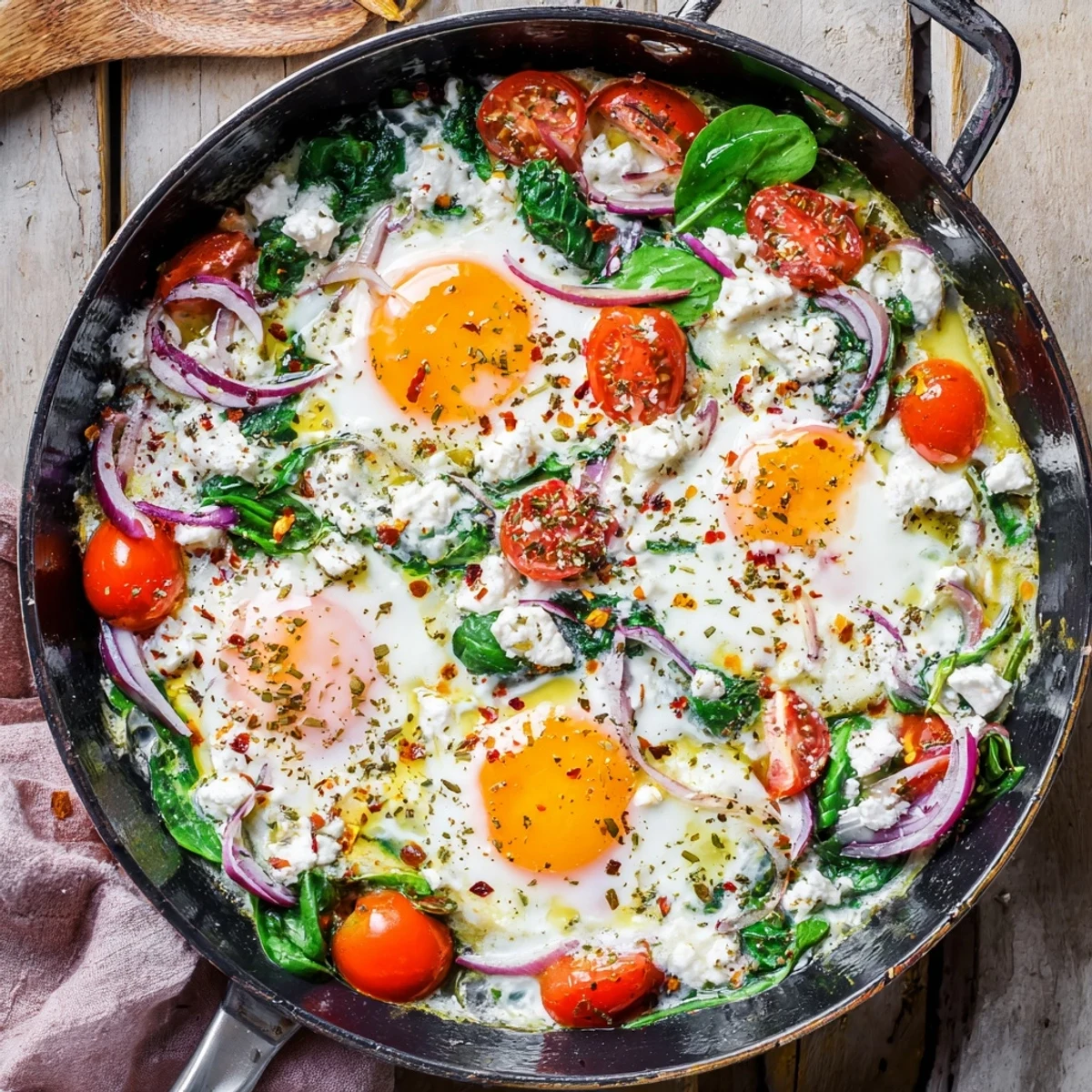 Creamy Mediterranean baked feta eggs featuring runny yolks nestled among roasted cherry tomatoes and wilted spinach