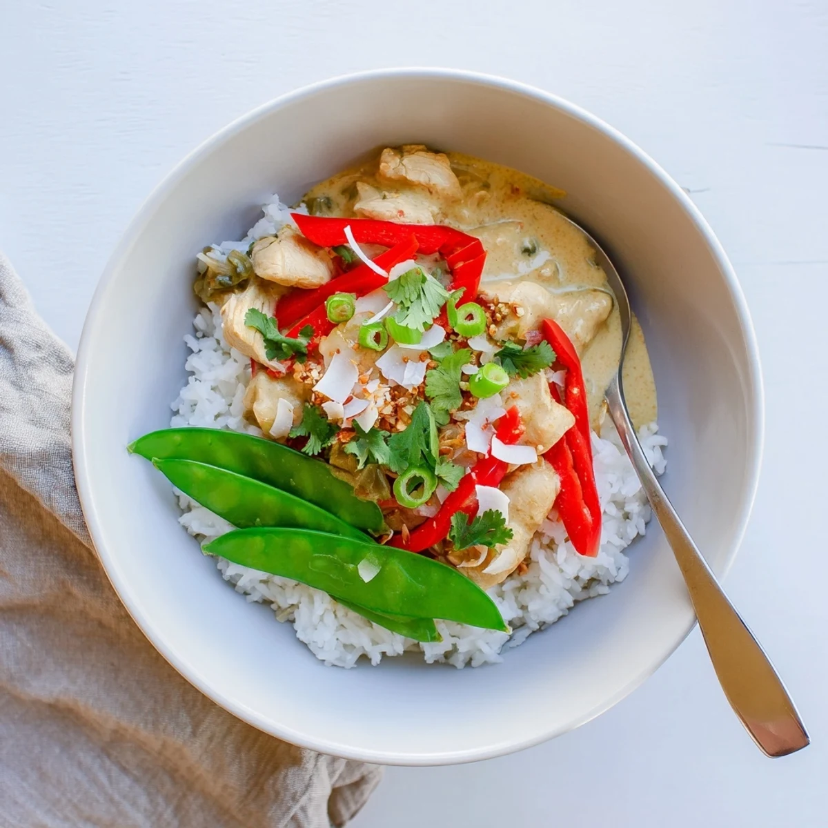 Comforting coconut chicken rice bowl featuring tender meat pieces swimming in rich coconut milk over fluffy jasmine rice