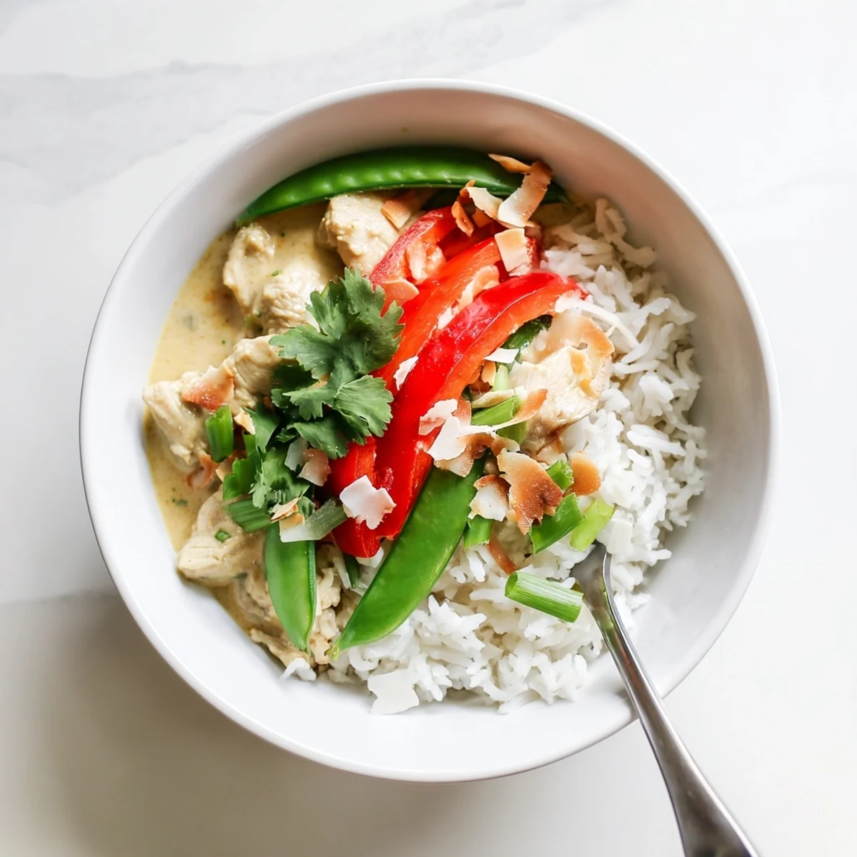 Asian-style coconut chicken rice bowl garnished with spring onions and colorful bell pepper slices in a luscious curry sauce