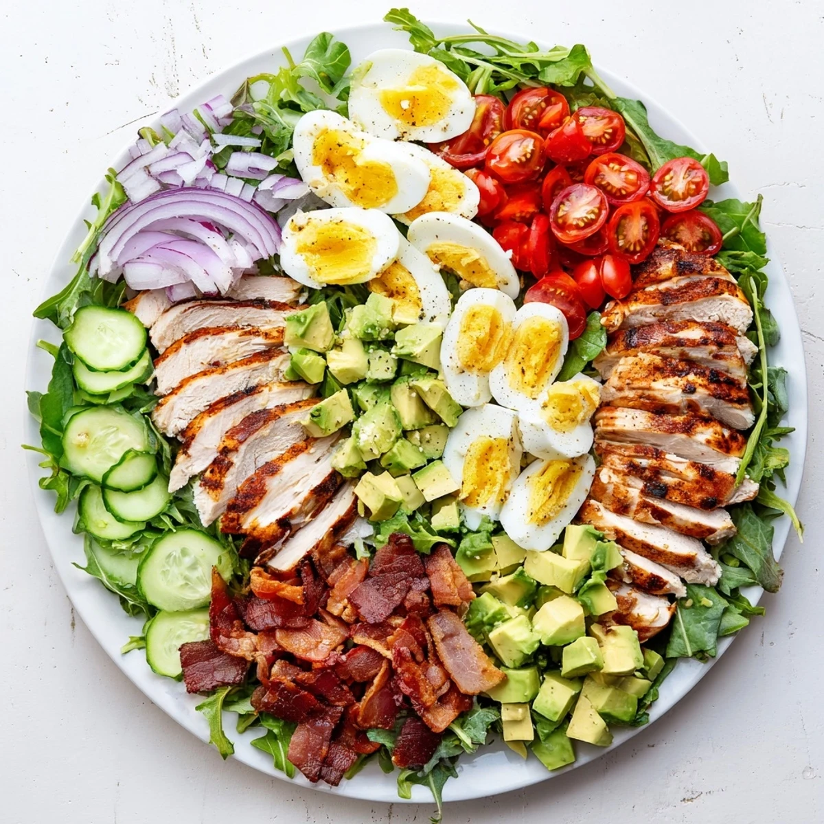 Colorful Paleo Grilled Chicken Cobb Salad with sliced chicken breast, avocado, bacon, eggs, and fresh vegetables arranged on mixed greens