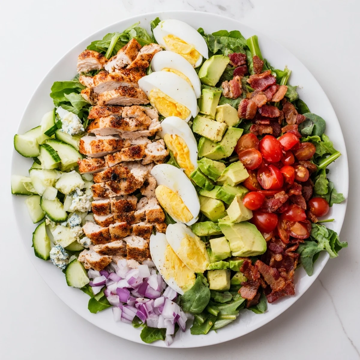 Satisfying Paleo Grilled Chicken Cobb Salad featuring crisp bacon, hard-boiled eggs, and diced avocado over a bed of fresh salad greens