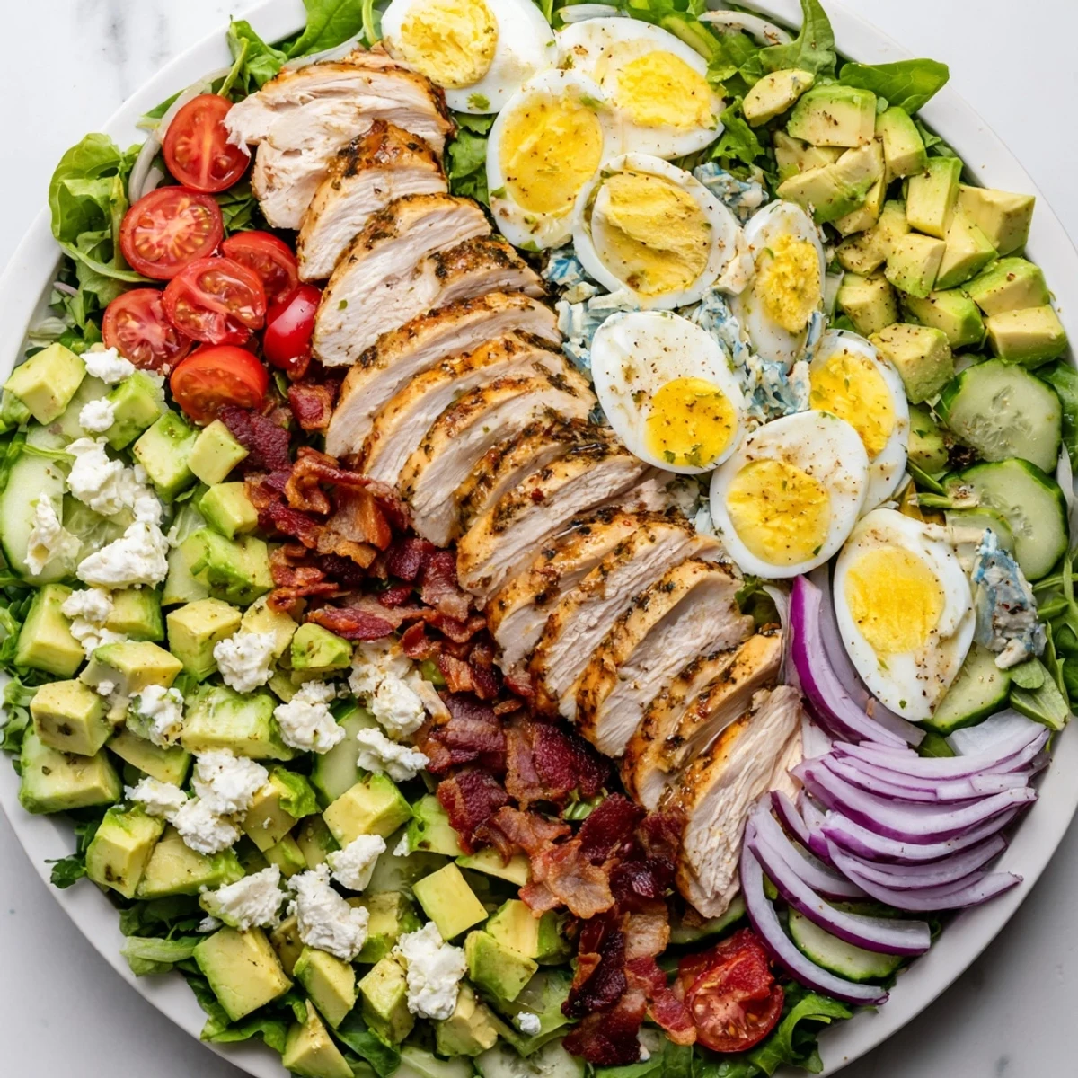 Golden grilled chicken topping a vibrant Paleo Cobb Salad with cherry tomatoes, cucumber, red onion, and creamy avocado chunks