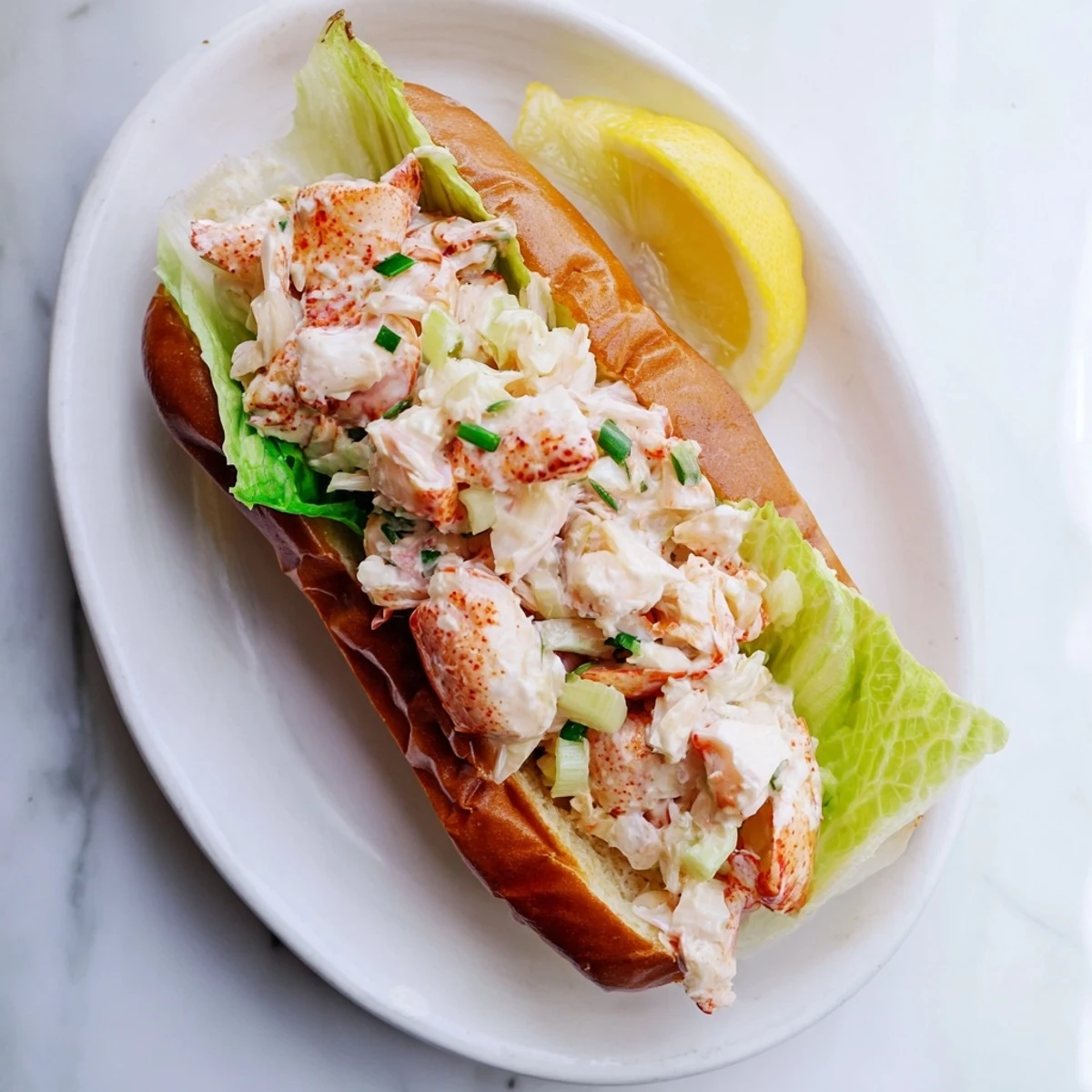 Golden toasted split-top bun piled high with creamy Maine style lobster rolls salad and fresh herbs