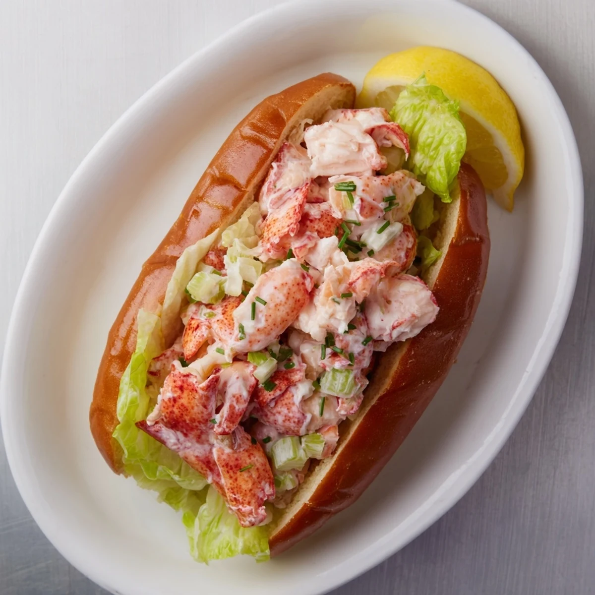 Buttery New England bun overflowing with sweet chunks of Maine style lobster rolls meat and crisp celery