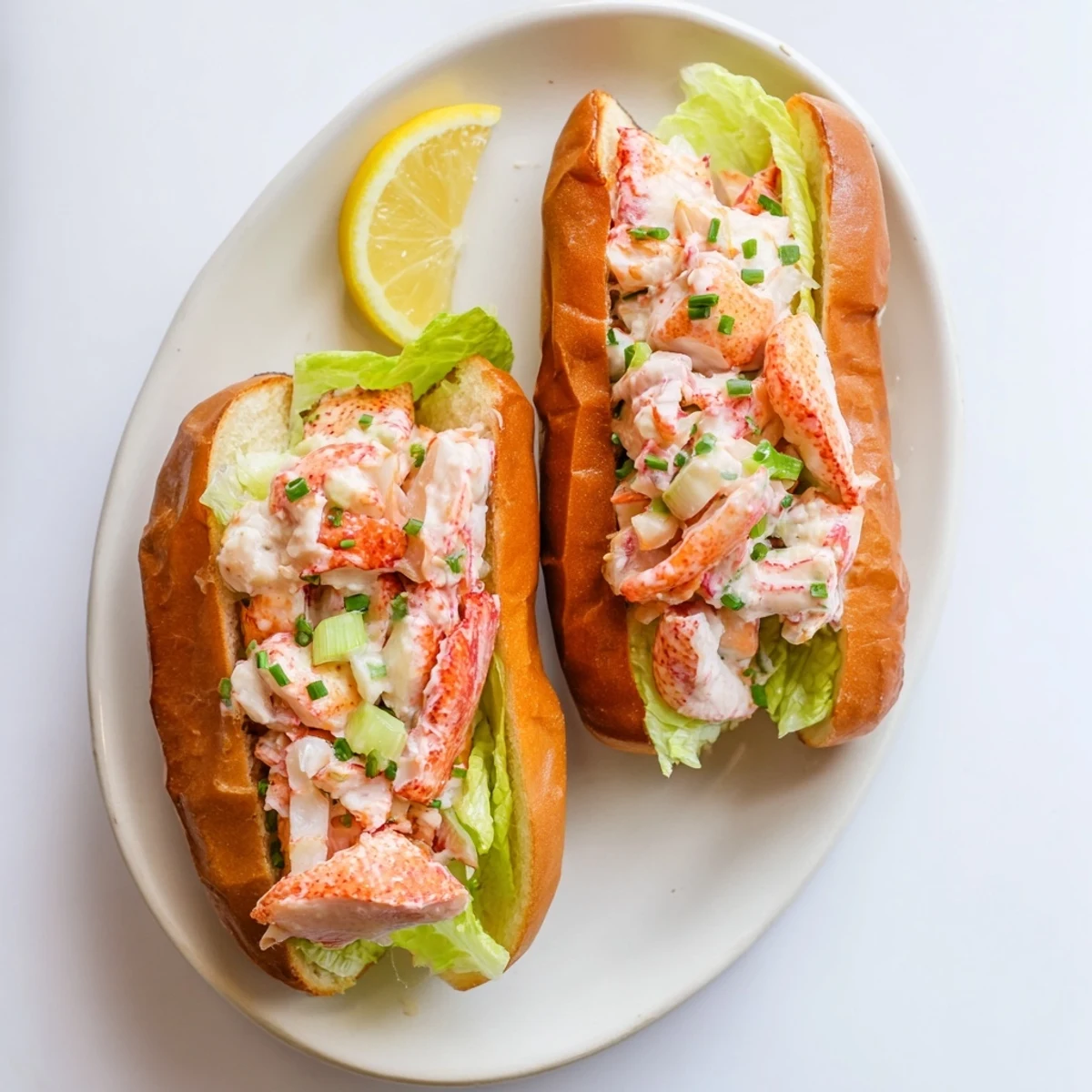 Classic Maine style lobster rolls served in warm buttered buns with lemon wedges on a wooden board