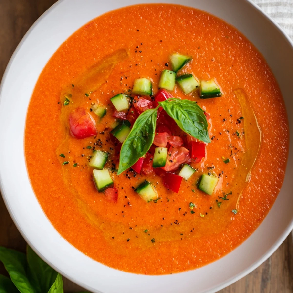 Chilled gazpacho recipe served in white bowls with colorful diced vegetable garnish