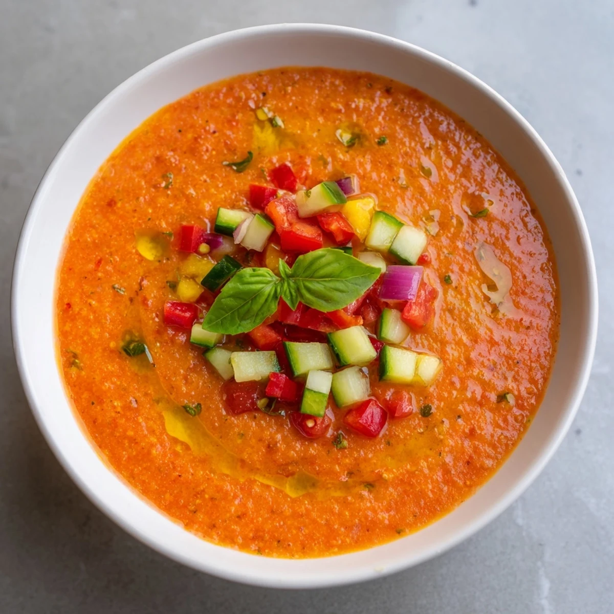 Rustic wooden table displaying bright red gazpacho recipe soup with crisp bread on side