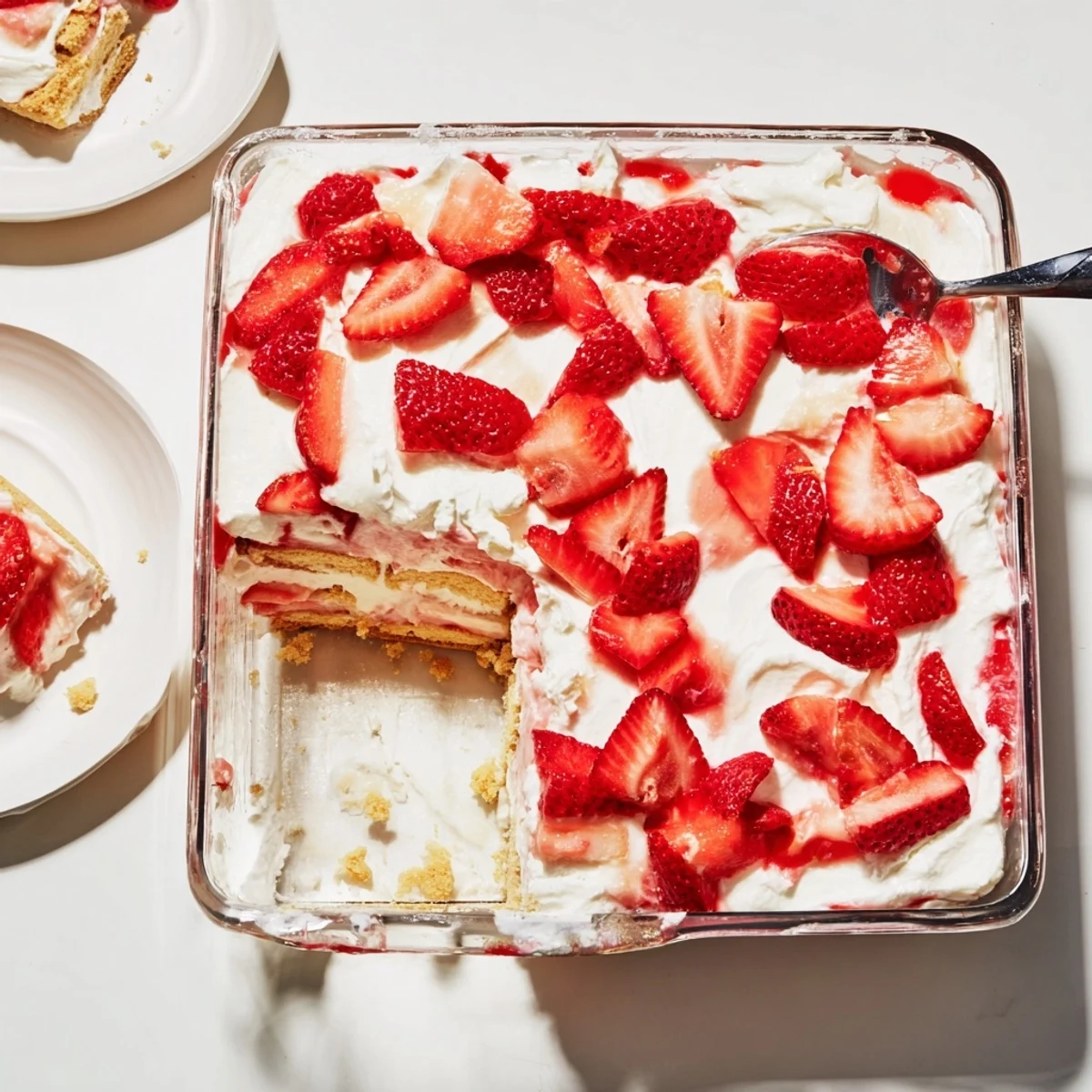 No bake strawberry shortcake dessert showcasing layered whipped cream, sweet strawberries, and buttery cookies in a glass square dish