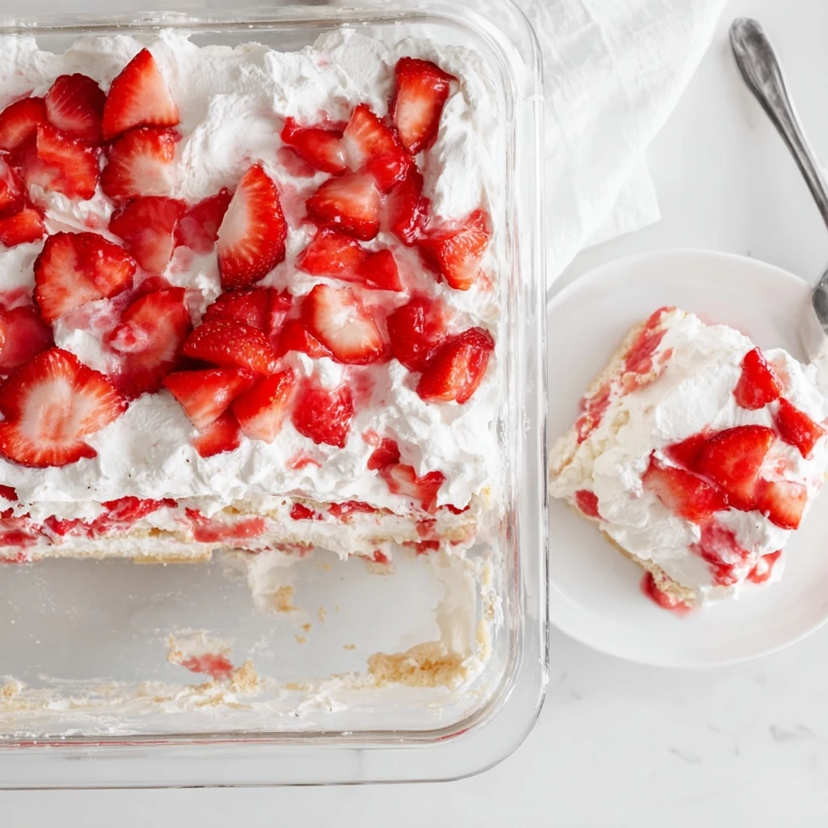 Creamy no bake strawberry shortcake with fresh juicy berries and soft shortbread layers plated for summer entertaining