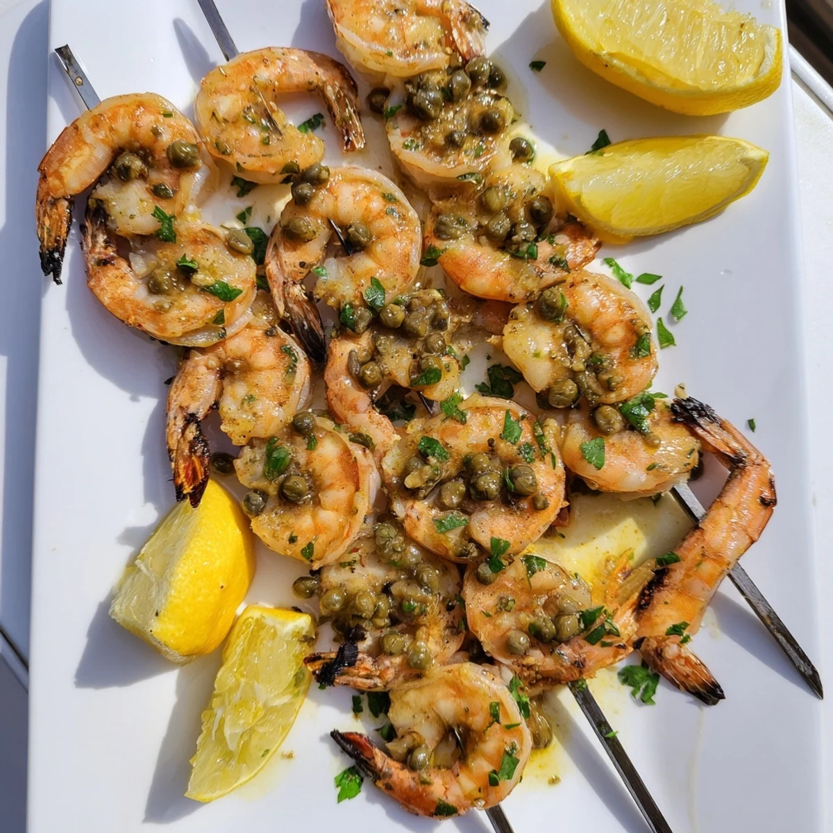 Golden grilled shrimp piccata skewers brushed with zesty lemon butter sauce and fresh parsley