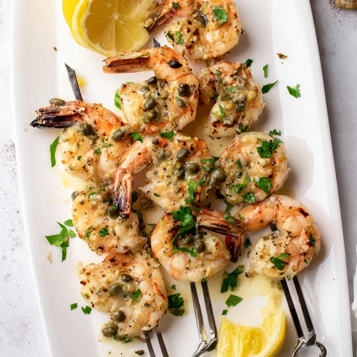 Juicy shrimp threaded on skewers grilled to perfection and drizzled with buttery piccata glaze