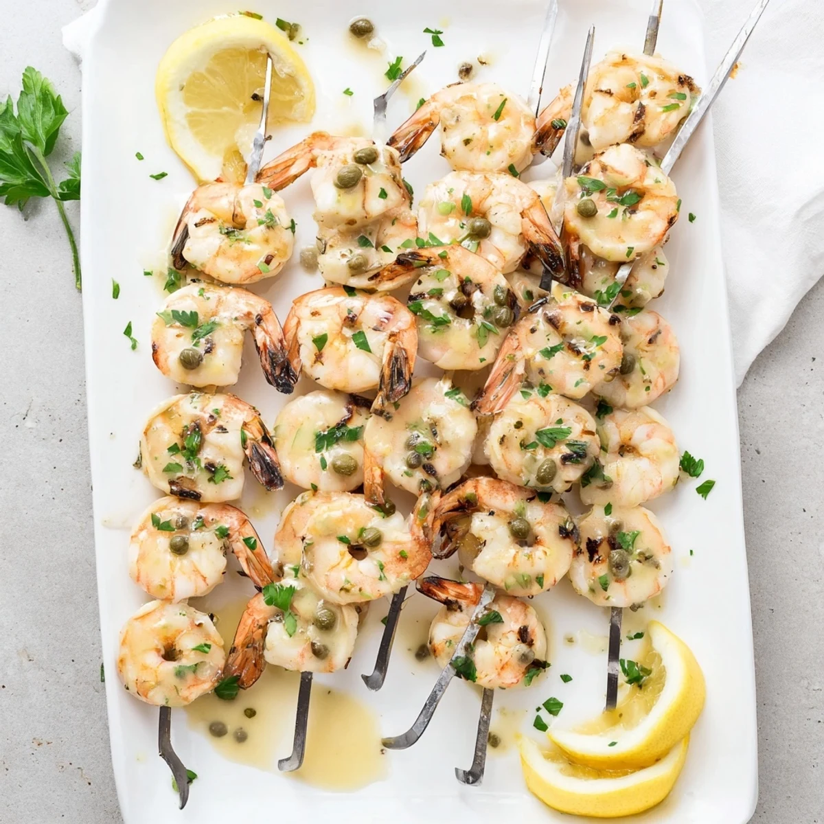 Charred grilled shrimp piccata skewers topped with capers and served with bright lemon wedges