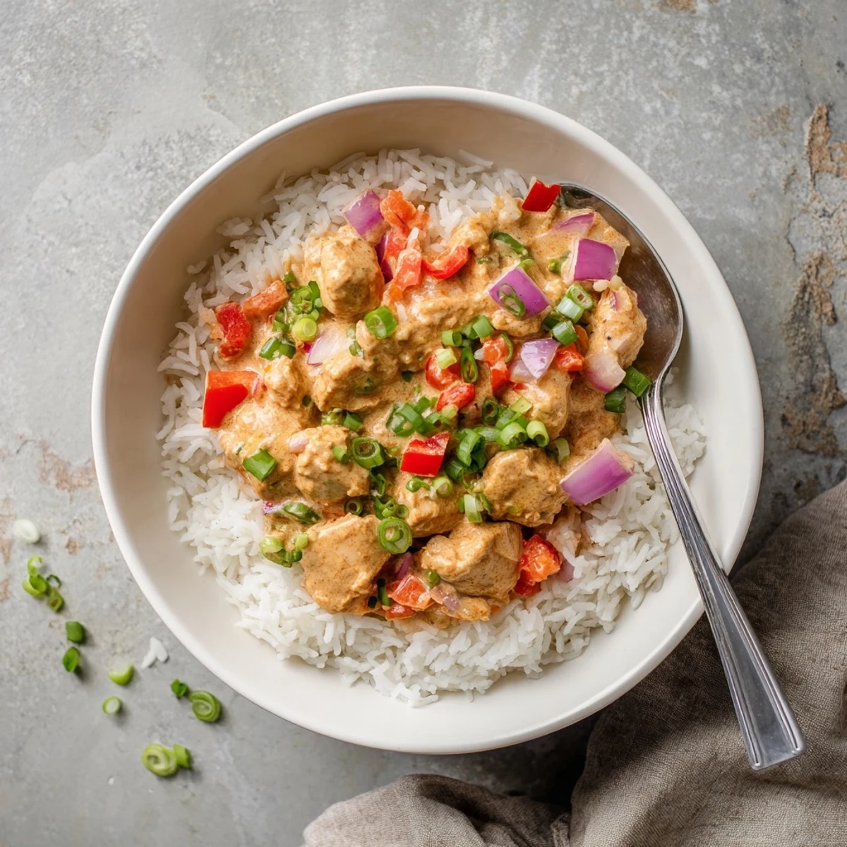 Golden chicken pieces in rich Cajun cream sauce served over fluffy white rice