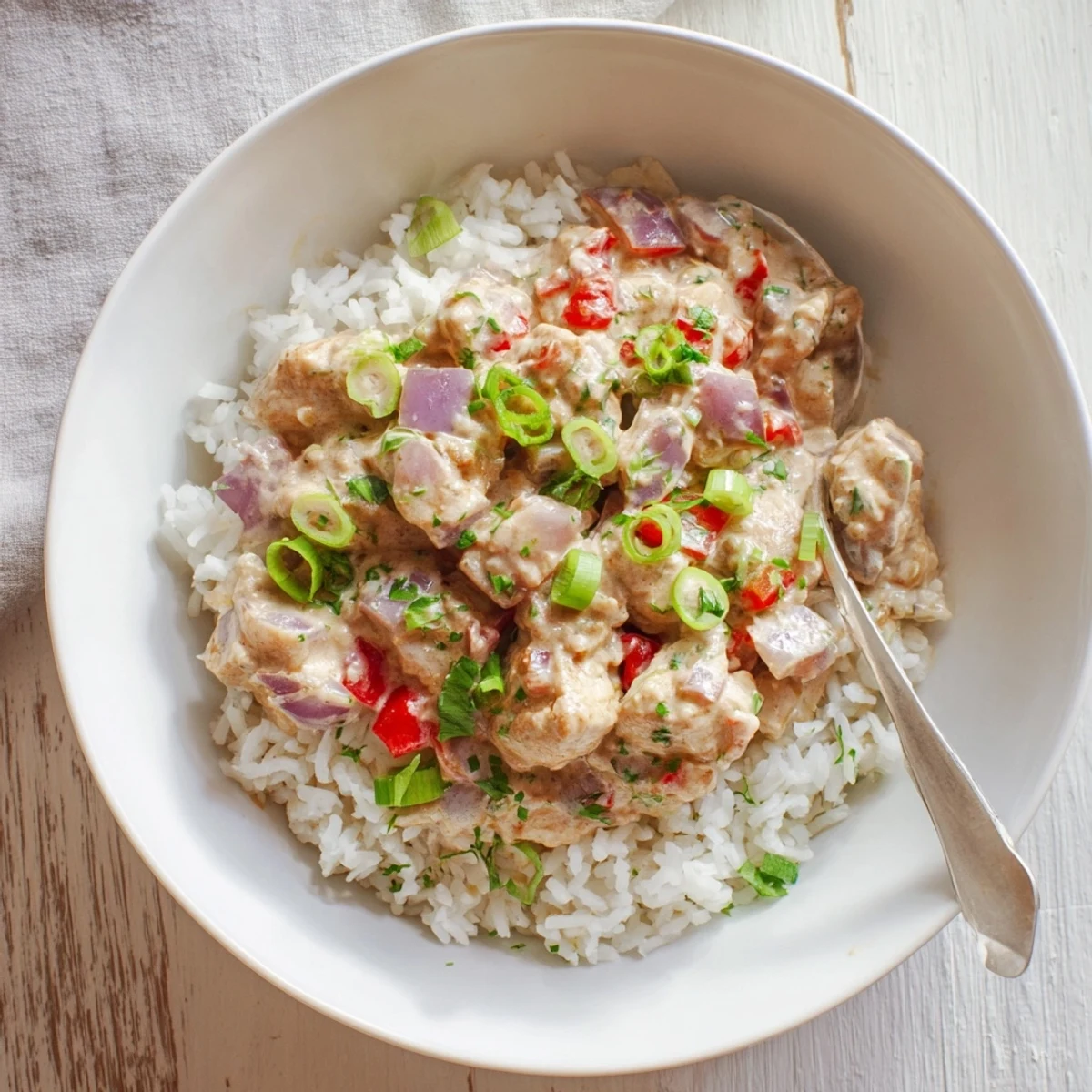 Heaping bowl of Cajun chicken with peppers and onions over steaming white rice