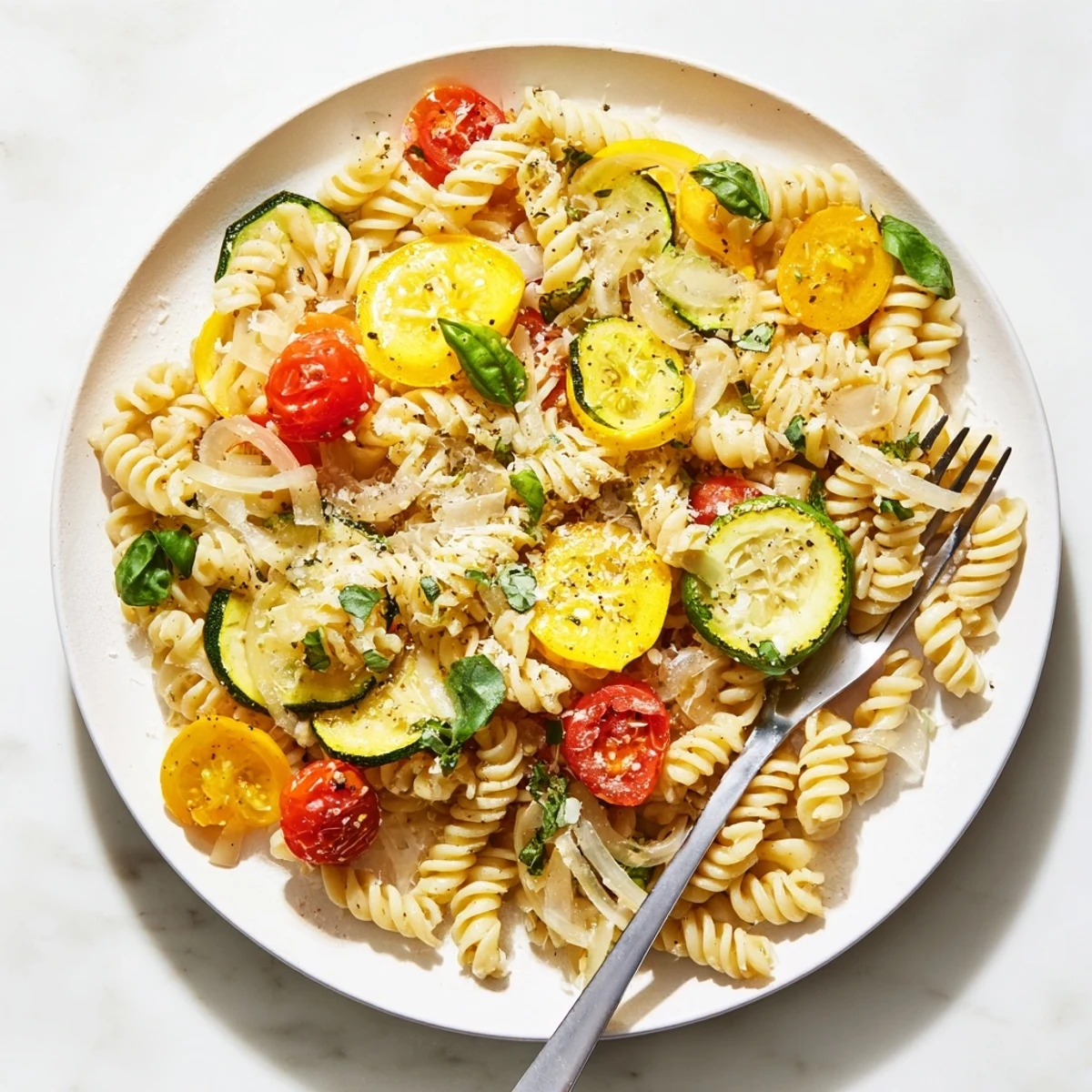 Golden summer squash pasta skillet simmered with zucchini, cherry tomatoes, and fresh basil in a light olive oil sauce