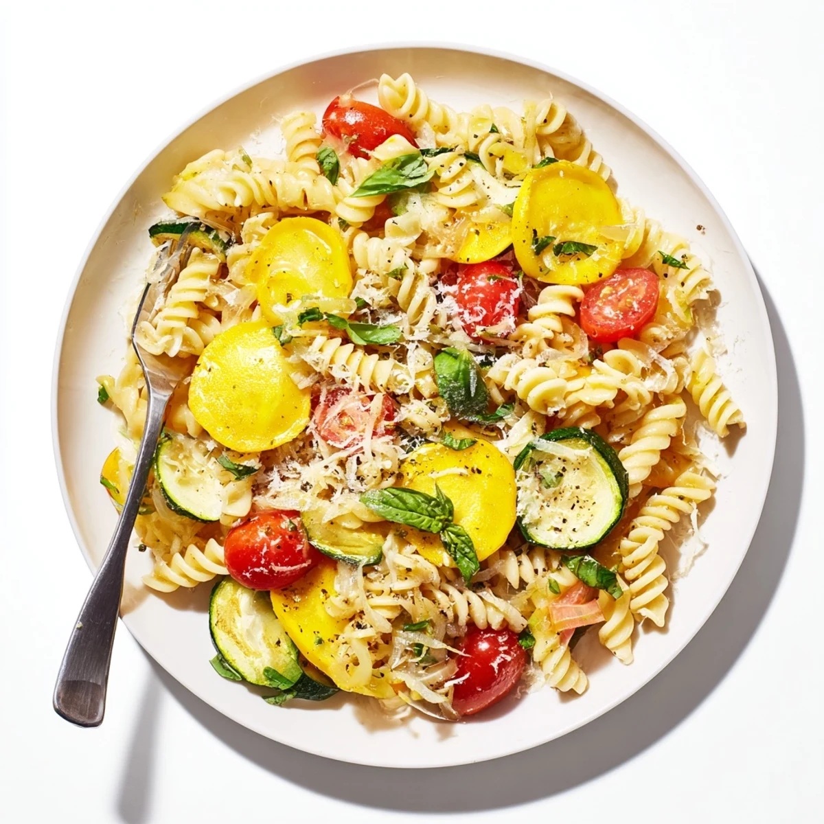 Twirled pasta tossed with tender yellow squash, ripe tomatoes, and Parmesan in this vibrant one-pan summer squash pasta skillet