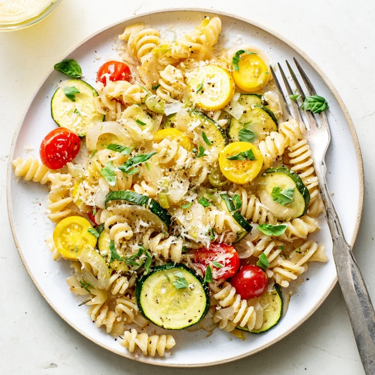 Steam rises from a skillet of al dente pasta mixed with sliced summer squash and garlic for an easy weeknight dinner