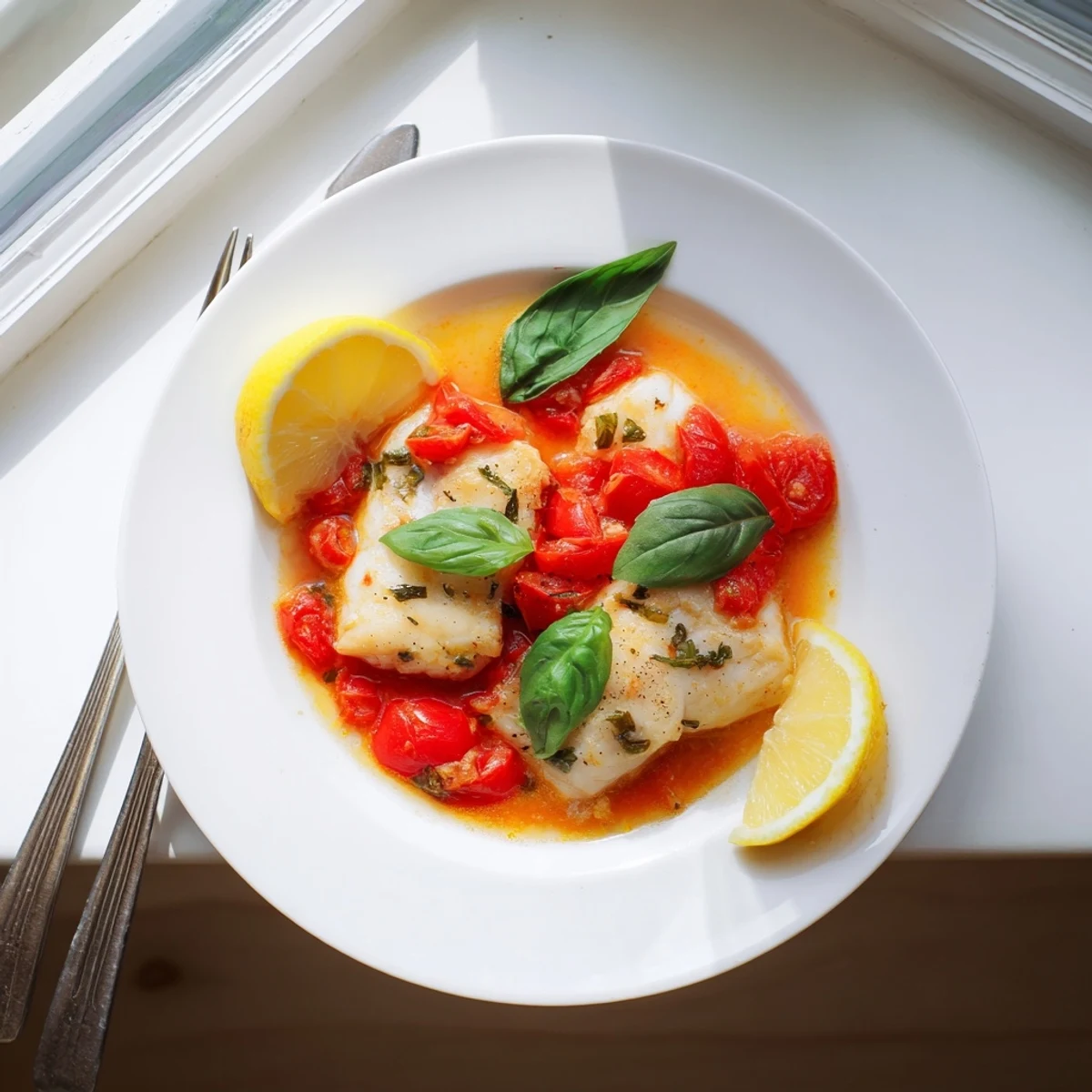 Golden pan-seared halibut fillets poaching in vibrant red tomato butter sauce with fresh basil garnish
