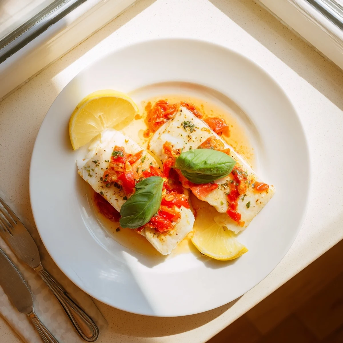 Succulent white halibut pieces nestled in rich tomato-butter sauce finished on the grill with char marks