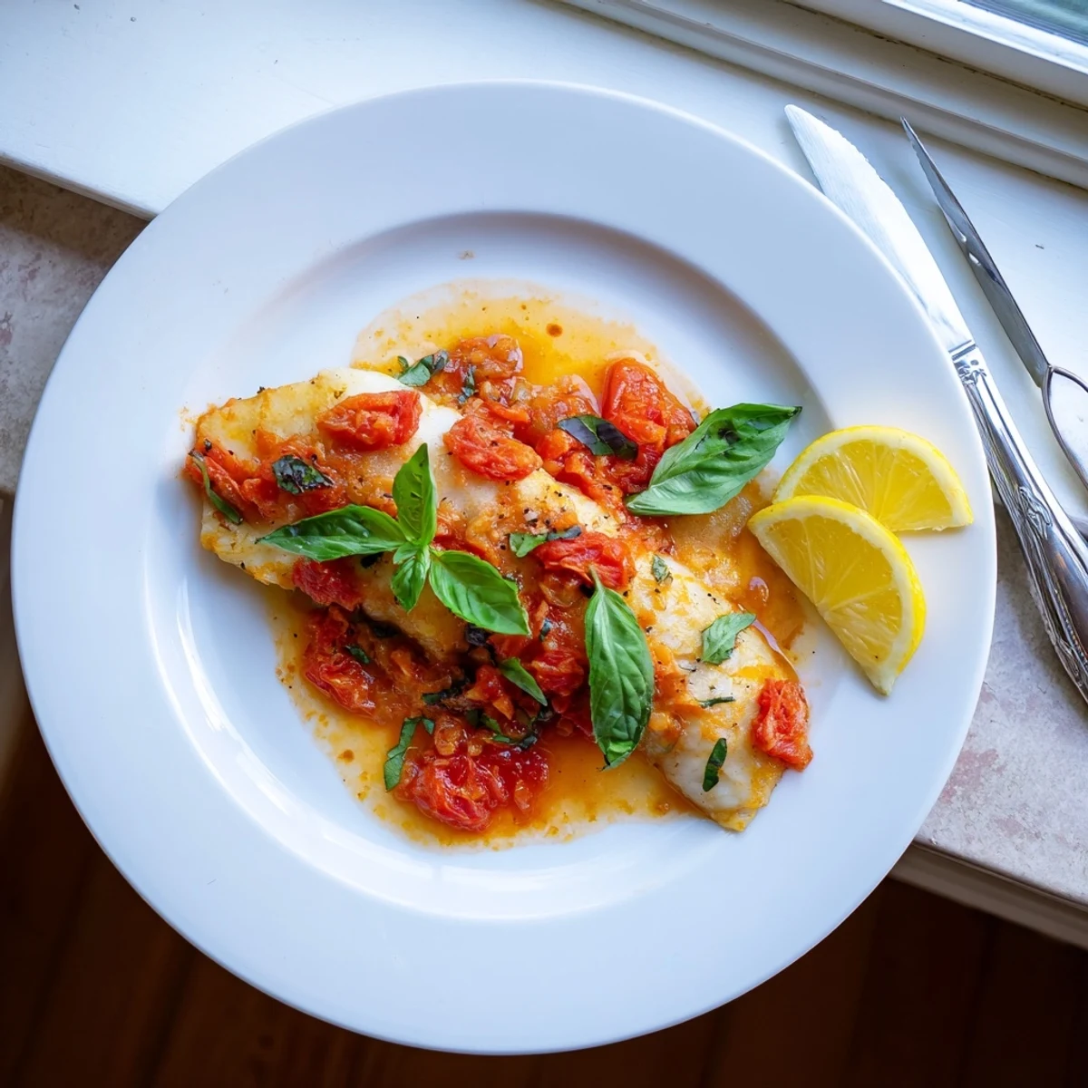 Flaky halibut swimming in silky tomato butter sauce, garnished with basil leaves and lemon wedges