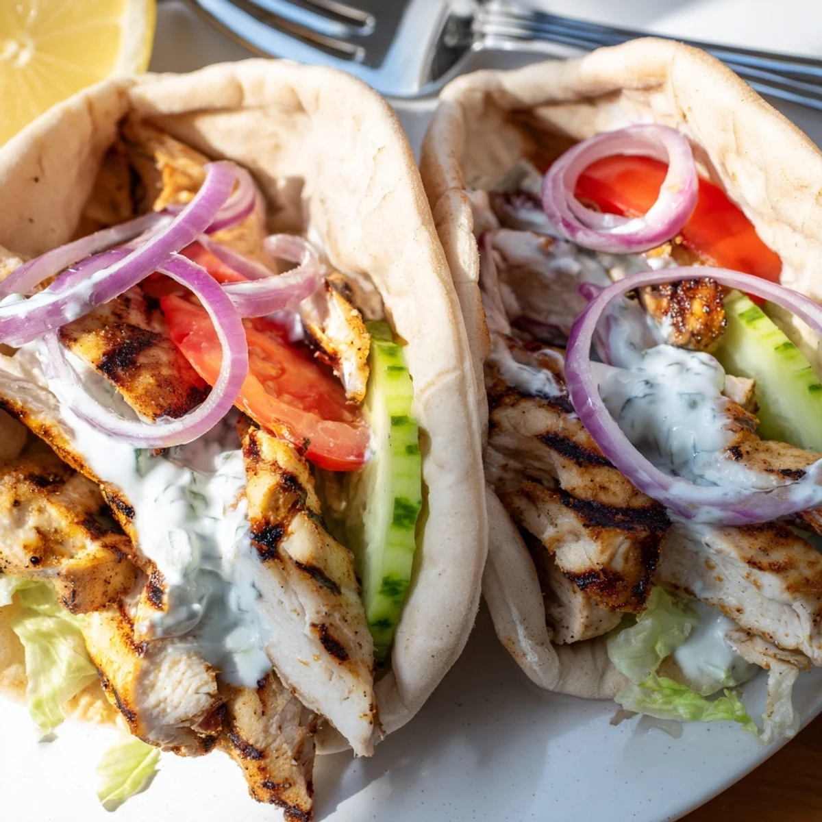 Golden Greek grilled chicken pita packed with crisp vegetables and creamy tzatziki sauce in warm pita bread