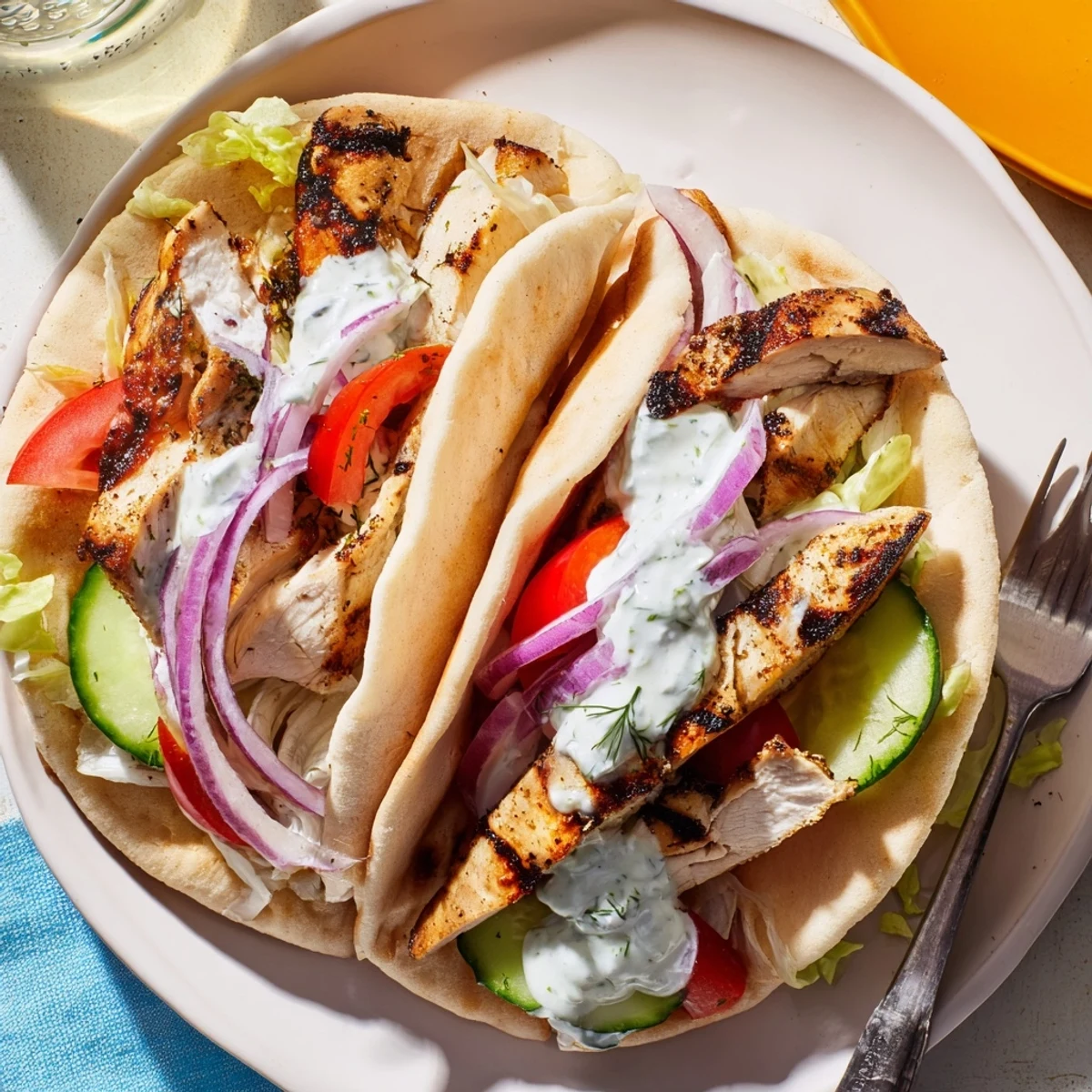 Sliced marinated chicken breast wrapped in soft pita with fresh tomatoes, cucumber, and cool yogurt sauce